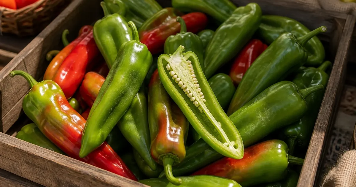 Melrose sweet peppers in a wooden crate with one sliced pepper showing thick flesh