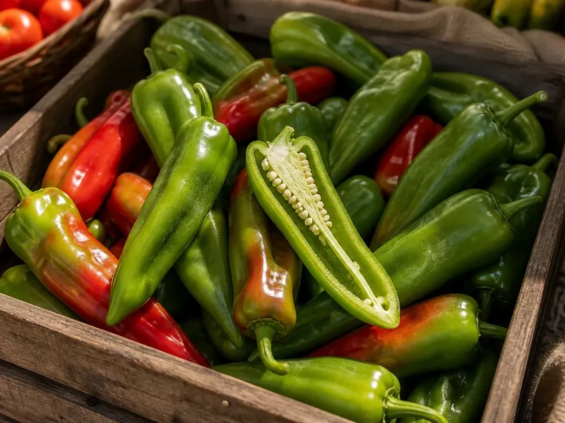Melrose sweet peppers in a wooden crate with one sliced pepper showing thick flesh