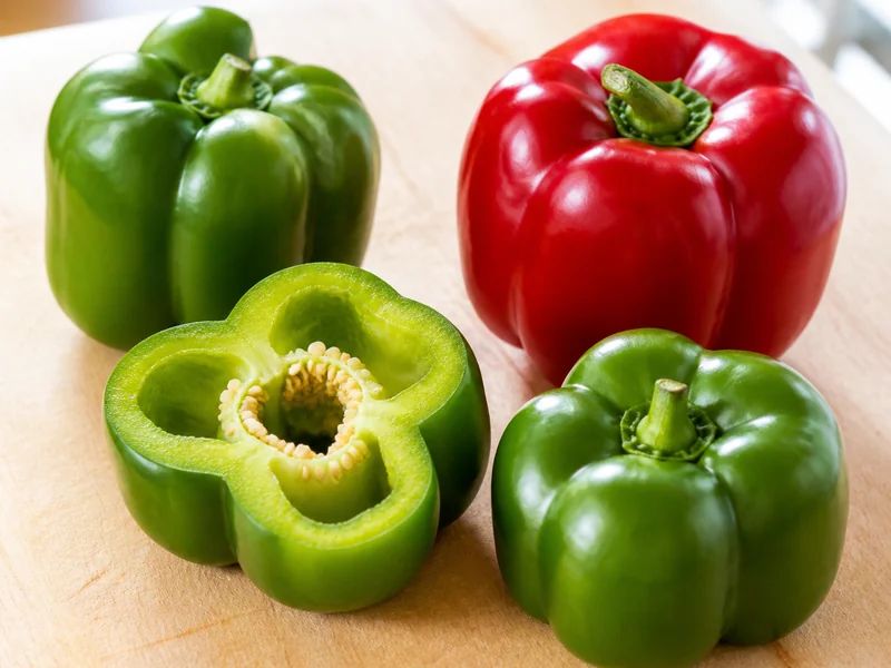 Blocky green and red Mexibell peppers, one cut open showing thick bell-type walls