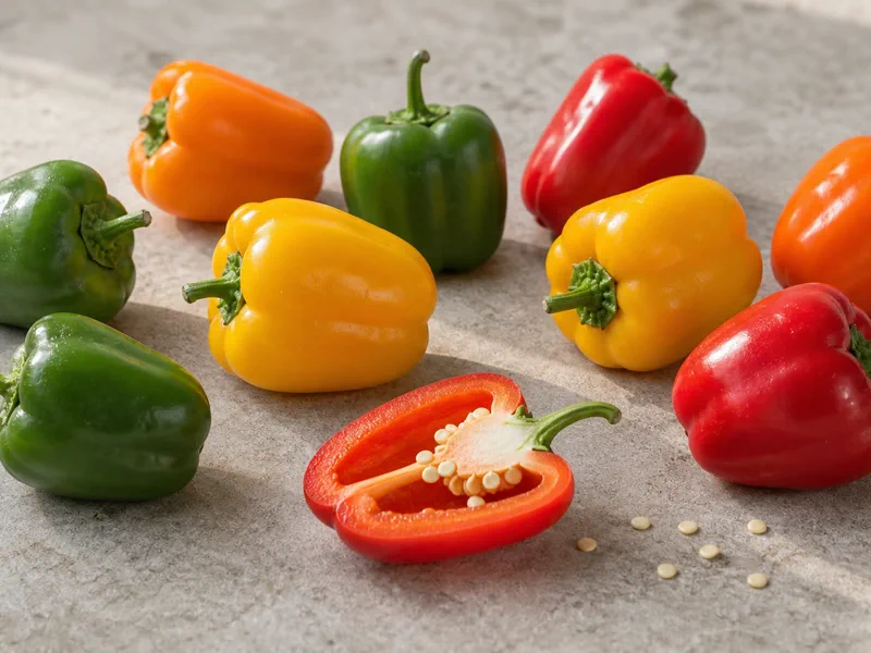 Small multicolor Mexibell peppers with one halved pepper showing thick walls