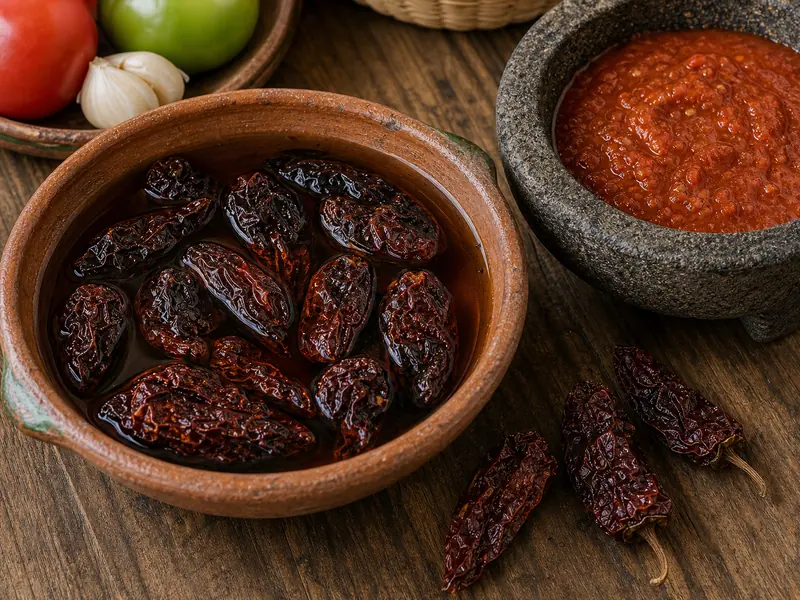Smoked morita chiles steeping beside red salsa in a stone bowl