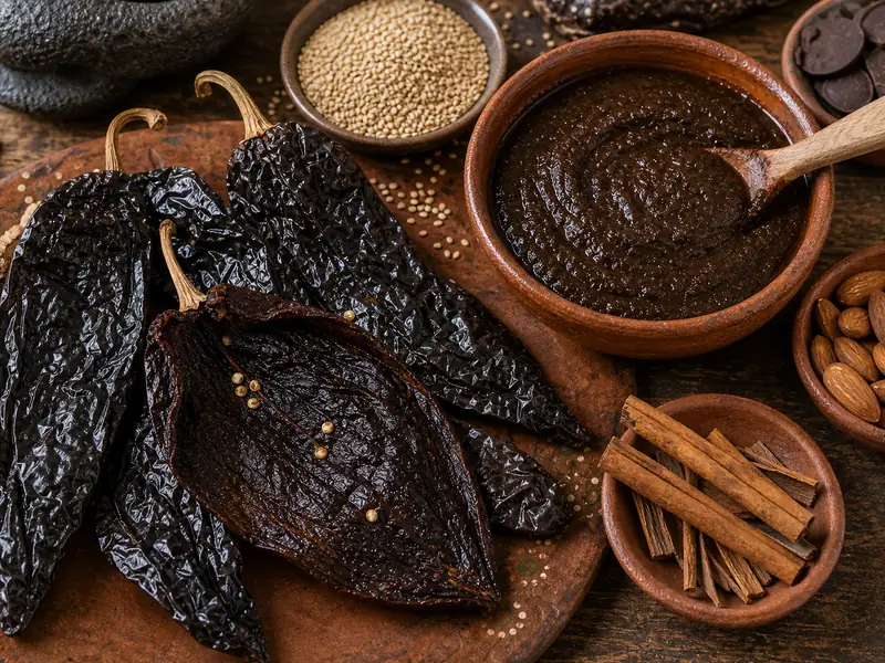 Broad mulato chiles opened beside mole paste and toasted sesame