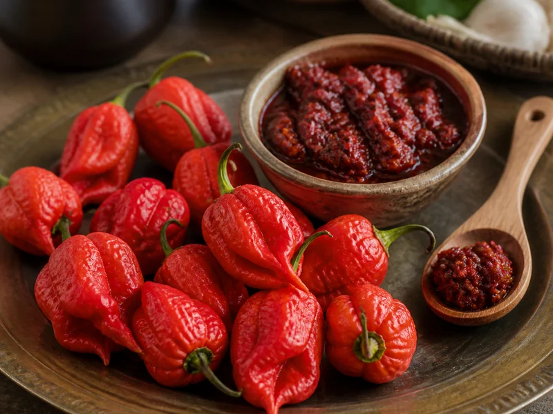 Wrinkled red Naga Morich pods on a metal platter beside a bowl of fermented chilli chutney