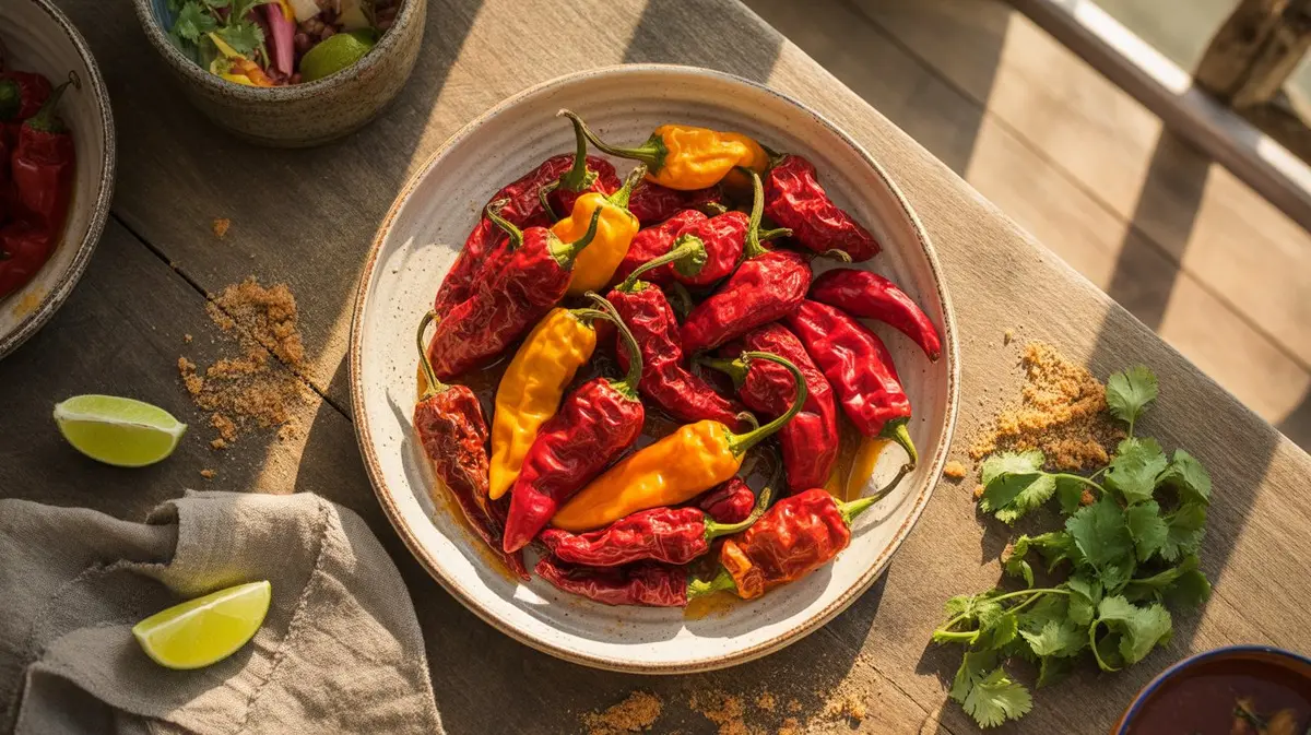 Fresh Naga Morich peppers showing color, shape and texture