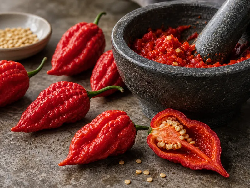Red Naga Morich peppers with one sliced pod and handling gloves