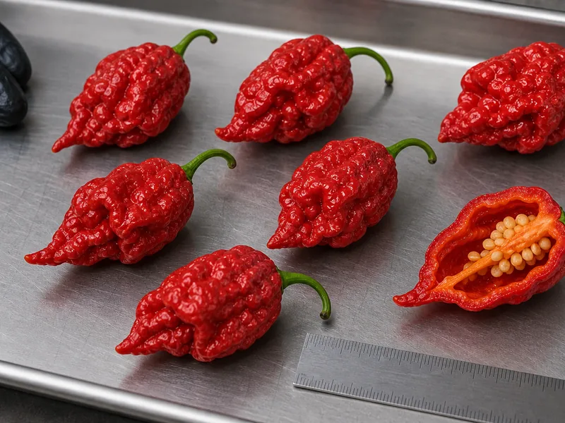 Red Naga Viper peppers with one sliced pod and handling gloves