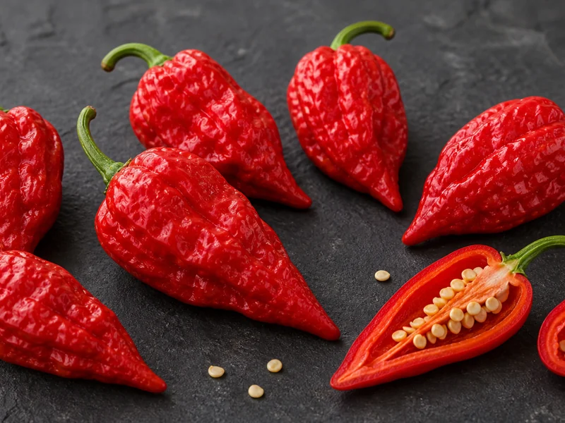 Red wrinkled Nagabon peppers with one sliced pod