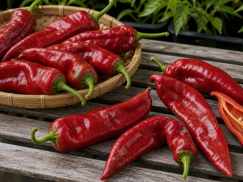 Red New Mexico Chile peppers with one sliced pod showing elongated shape