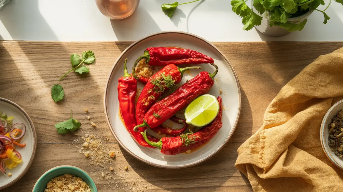 Fresh Ñora Pepper peppers showing color, shape and texture