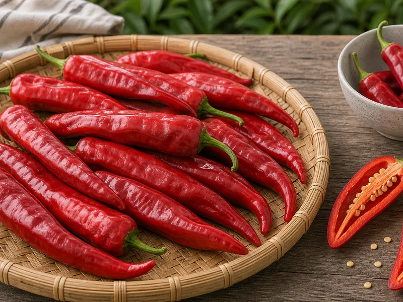 Red elongated NuMex Big Jim peppers with one sliced pod