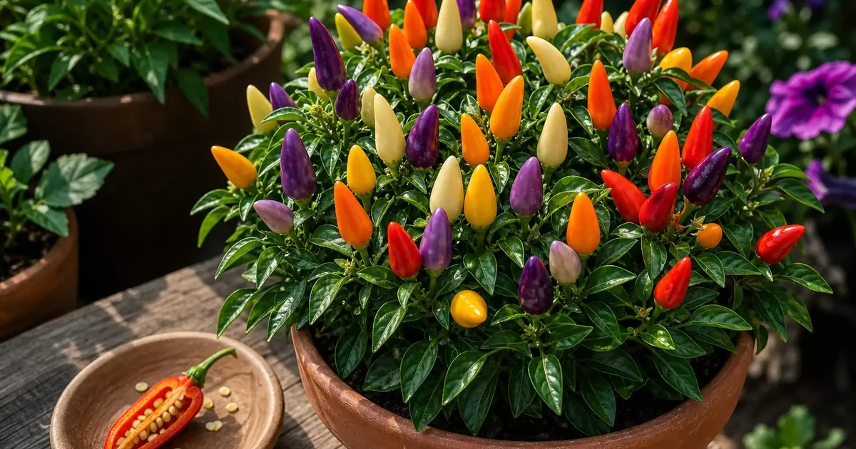 Numex Centennial ornamental pepper plant with multicolor upright pods and one cut pepper