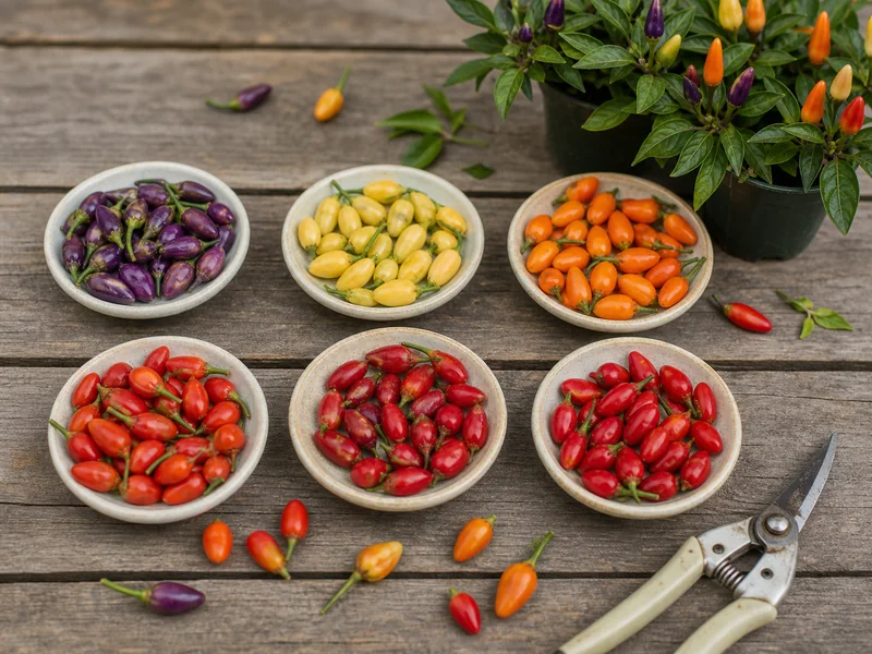 Harvested NuMex Centennial peppers sorted by purple, yellow, orange, and red
