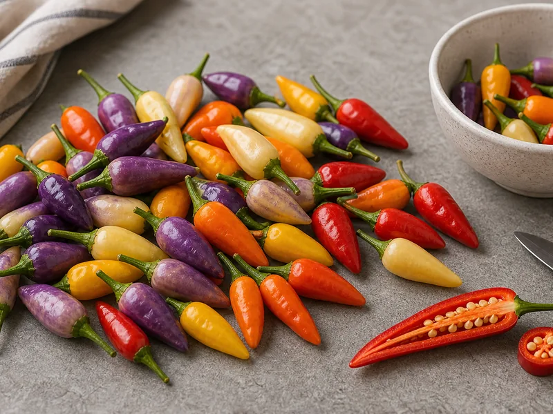 Multicolor NuMex Easter ornamental peppers on a prep counter