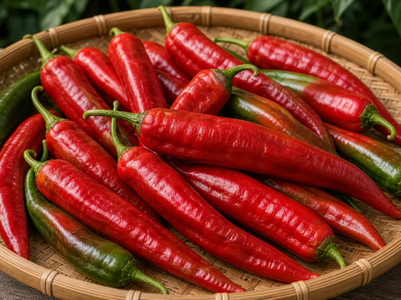 Red elongated NuMex Heritage 6-4 peppers with one sliced pod