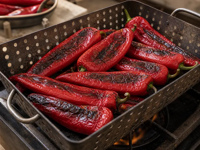 NuMex Joe E. Parker chiles roasting with blistered skins