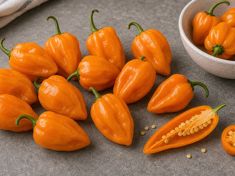 Orange lantern NuMex Suave Orange peppers with one sliced pod