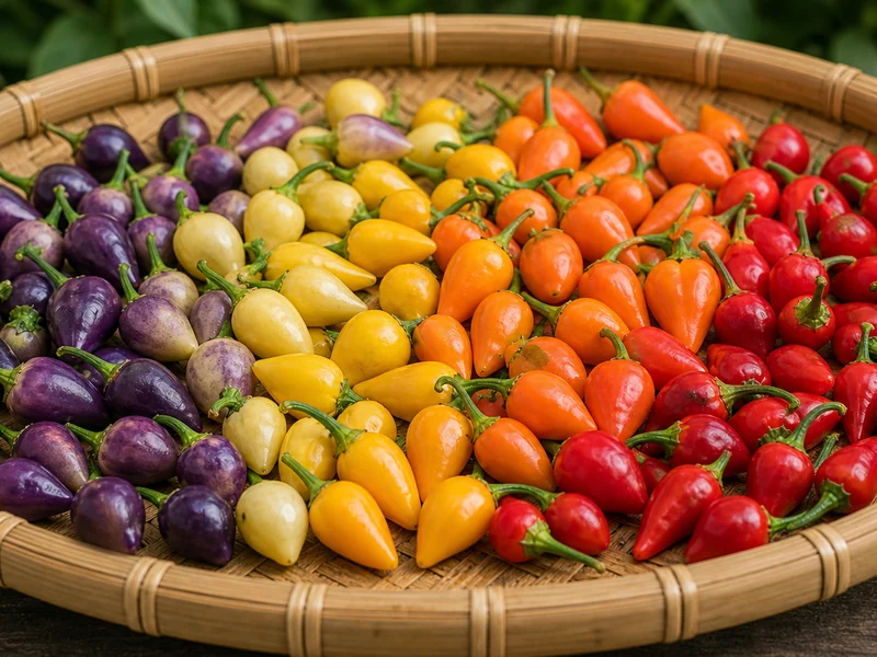 Purple, yellow, orange, and red NuMex Twilight peppers in a basket