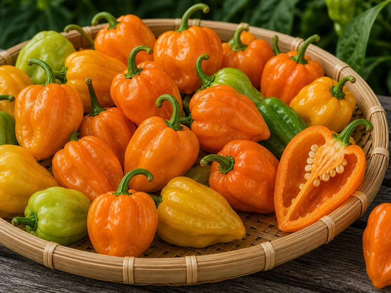 Orange lantern Orange Habanero peppers with one sliced pod