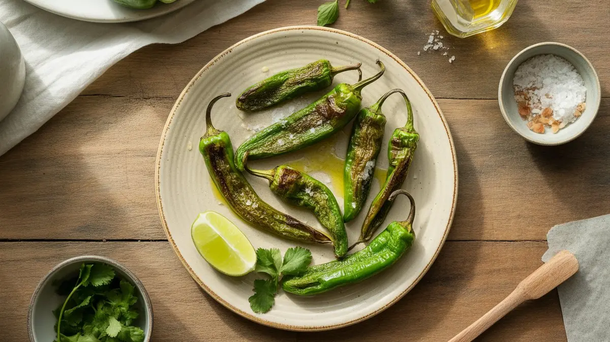 Fresh Padrón Pepper peppers showing color, shape and texture