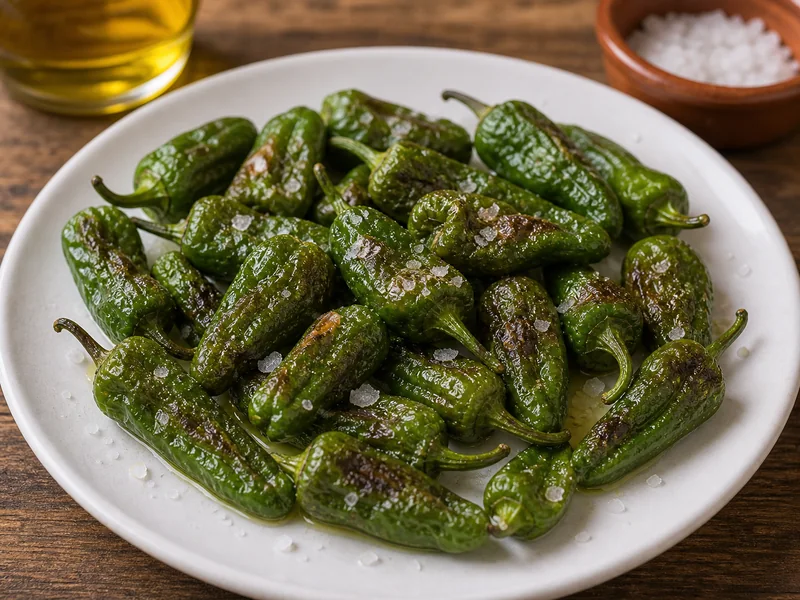 Blistered Padron peppers on a plate with olive oil and flaky salt
