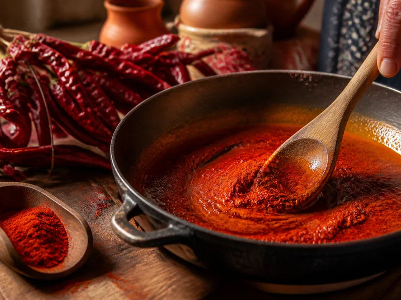 Red paprika powder stirred into warm fat off the heat, the fat glowing red, beside strings of dried Hungarian pods
