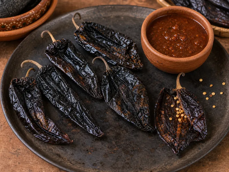 Smoked pasilla de Oaxaca chiles toasted beside smoky salsa