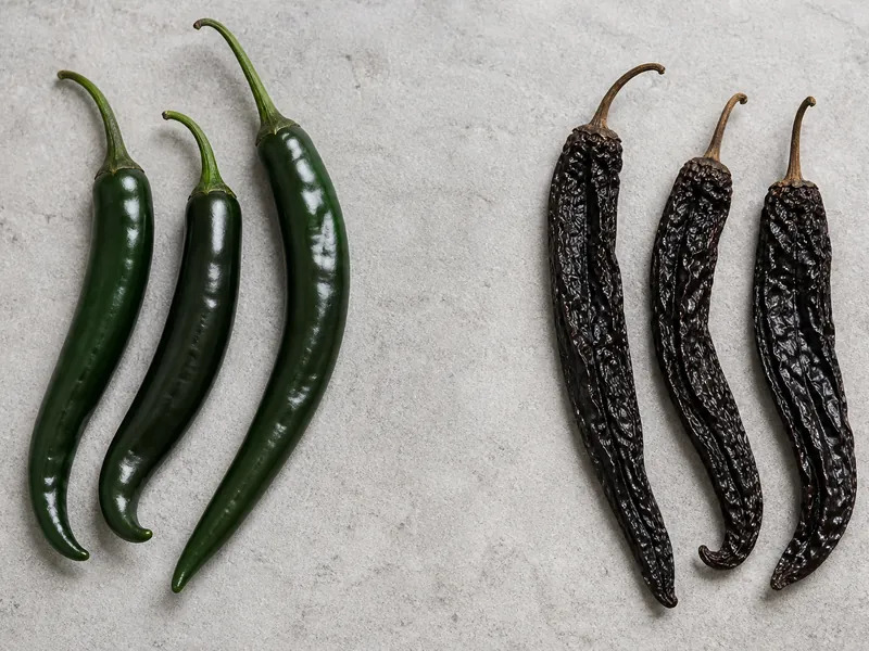 A long dark green fresh chilaca beside the same pepper dried into a wrinkled brown-black pasilla