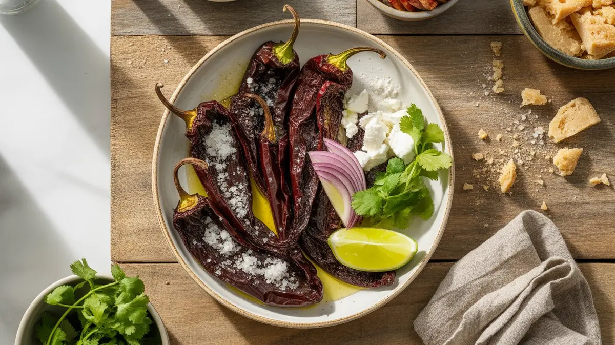 Fresh Pasilla Pepper peppers showing color, shape and texture