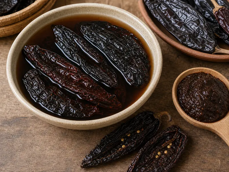 Dark pasilla chiles rehydrating beside raisin-dark chile paste