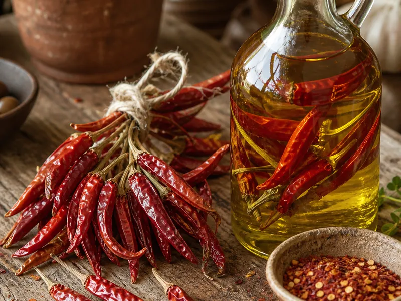 Dried Calabrian peperoncino pods tied on a string beside a bottle of chilli-infused olive oil and a bowl of flakes