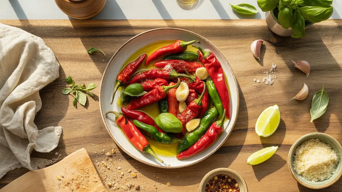 Fresh Peperoncino peppers showing color, shape and texture