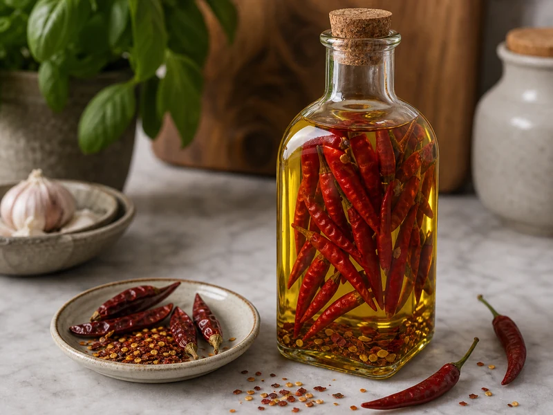 Peperoncino chilies infusing in olive oil with dried chile flakes nearby
