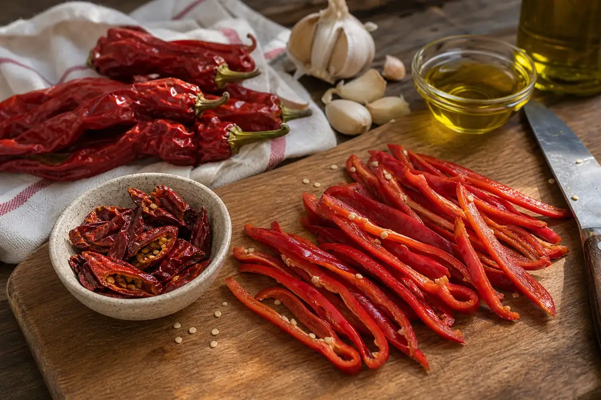 Dried red Peperone di Senise pods, whole and torn into a bowl, with fresh ones cut into strips beside garlic and olive oil