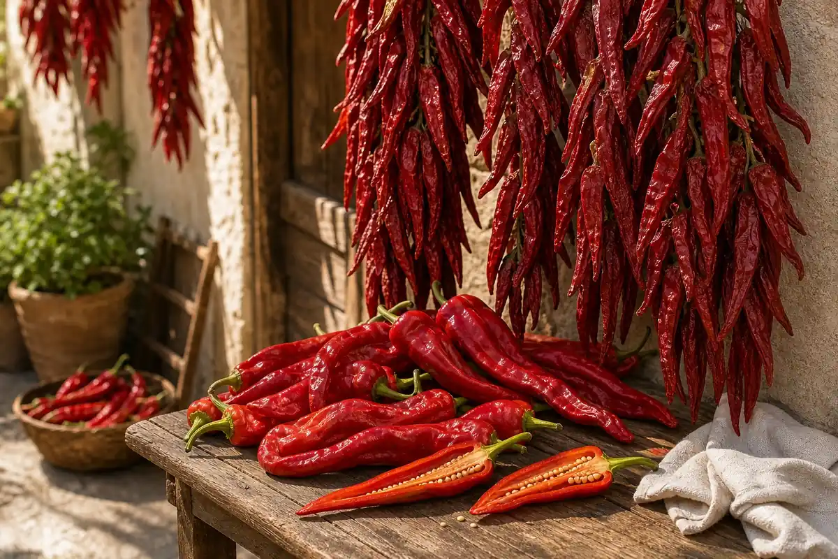 Peperone di Senise red peppers hanging to dry with one sliced pepper showing thin walls