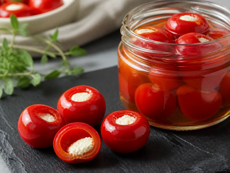 Small round red peppadew-style peppers, several stuffed with soft white cheese and one halved showing the hollow round cavity, beside an open jar in brine