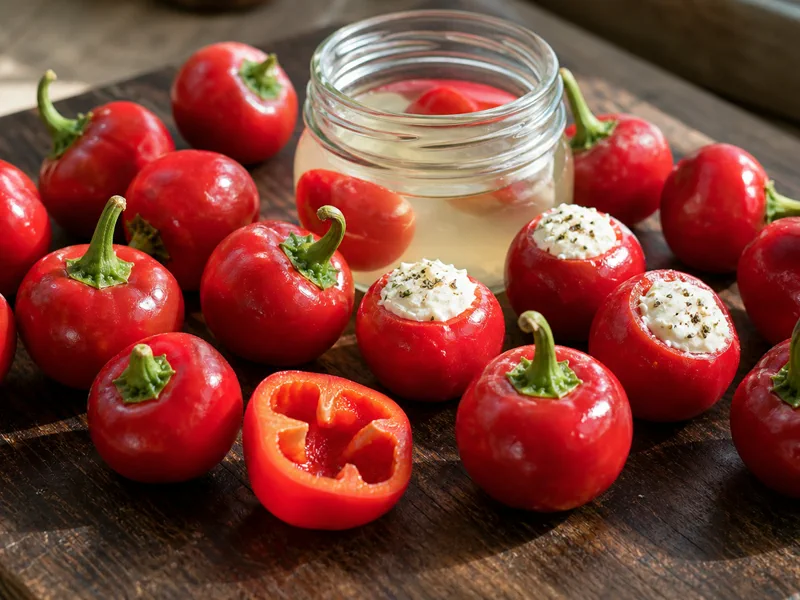 Round red Peppadew peppers with one sliced pepper and a small brine jar on a wooden board