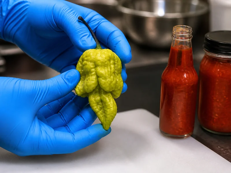 Nitrile-gloved hands holding a gnarled pale yellow-green Pepper X pod over a board, with finished hot sauce beside