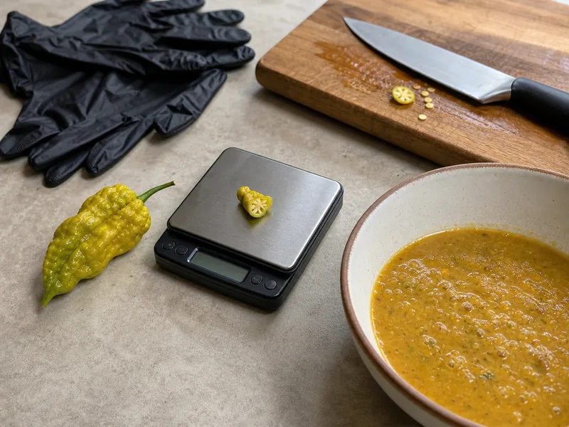 Tiny cut Pepper X piece measured on a digital scale beside gloves and sauce base