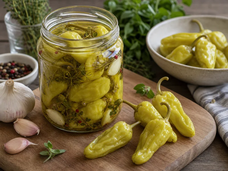 Pepperoncini peppers packed in a pickling jar