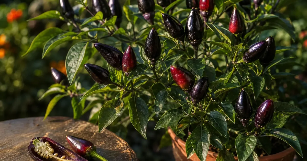 Pimenta de Neyde peppers with glossy dark purple pods and one sliced pepper on a garden table