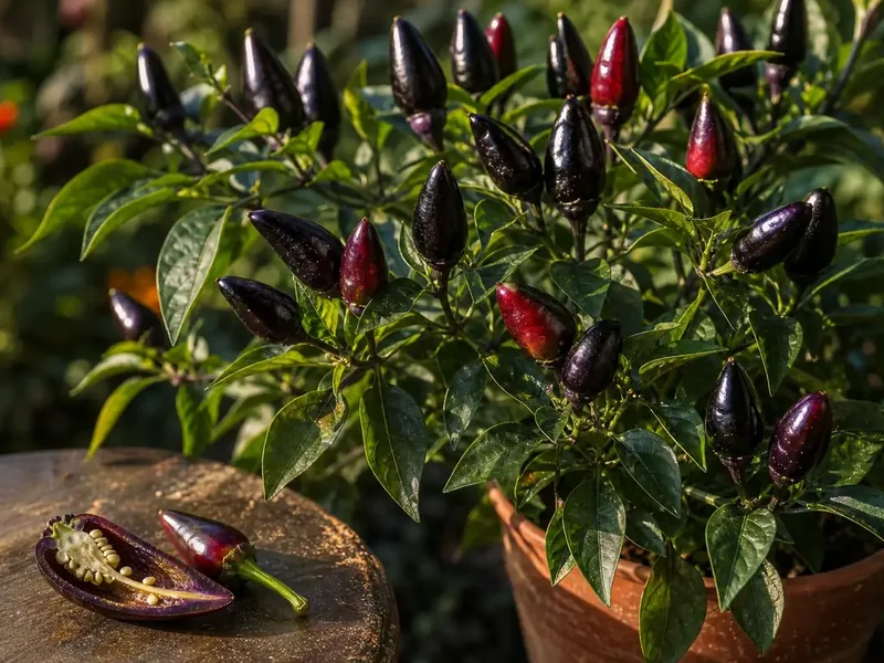 Pimenta de Neyde peppers with glossy dark purple pods and one sliced pepper on a garden table