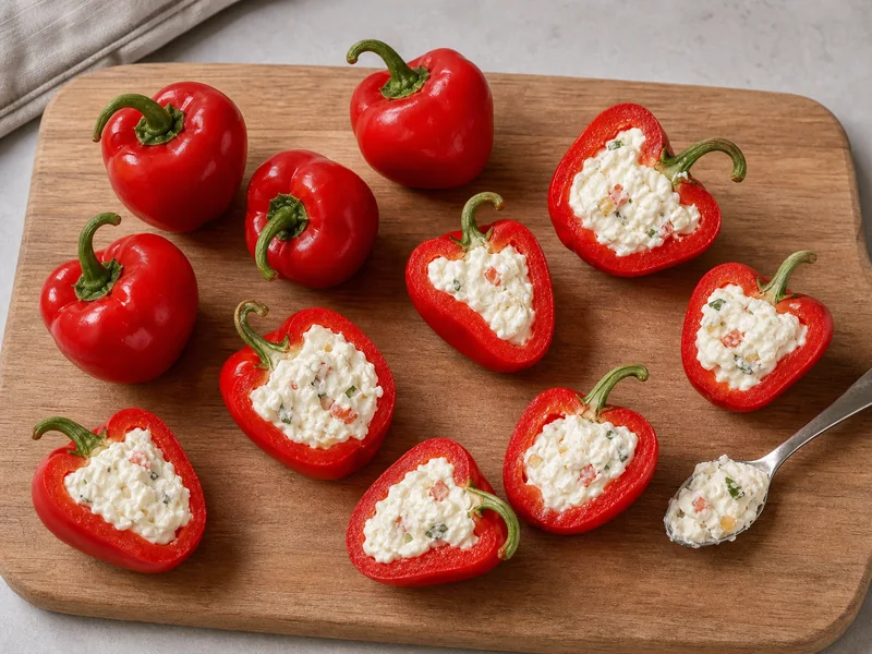 Halved red pimento peppers filled with soft cheese on a prep board