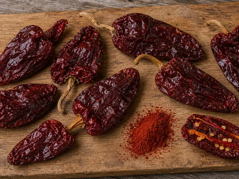 Dried Smoked Paprika (Pimentón) pods with one broken-open pepper showing seeds