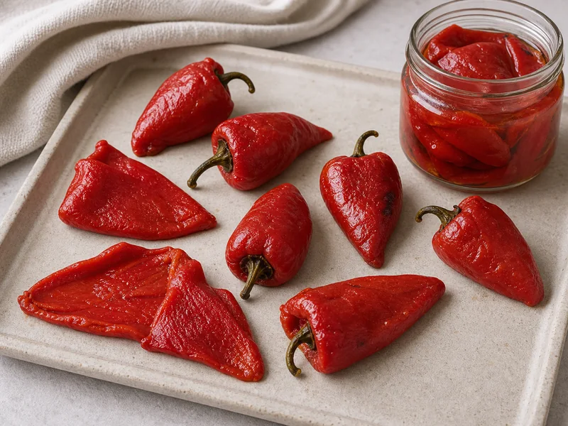 Roasted piquillo peppers peeled open on a tray with a small jar nearby
