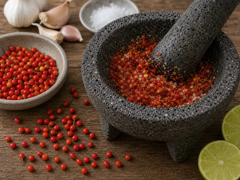 Tiny Piquin peppers crushed in a molcajete