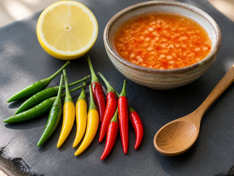 Piri piri pods at three ripeness stages, green, yellow and red, beside a bowl of the lemon and garlic sauce made from them