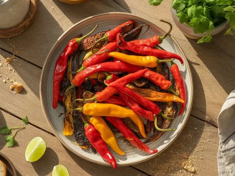 Small red piri piri peppers with sliced pods, seeds, and a coin for scale