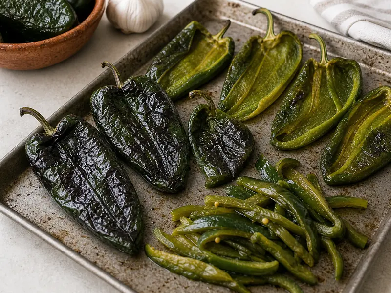 Roasted poblano peppers peeled open and sliced into rajas