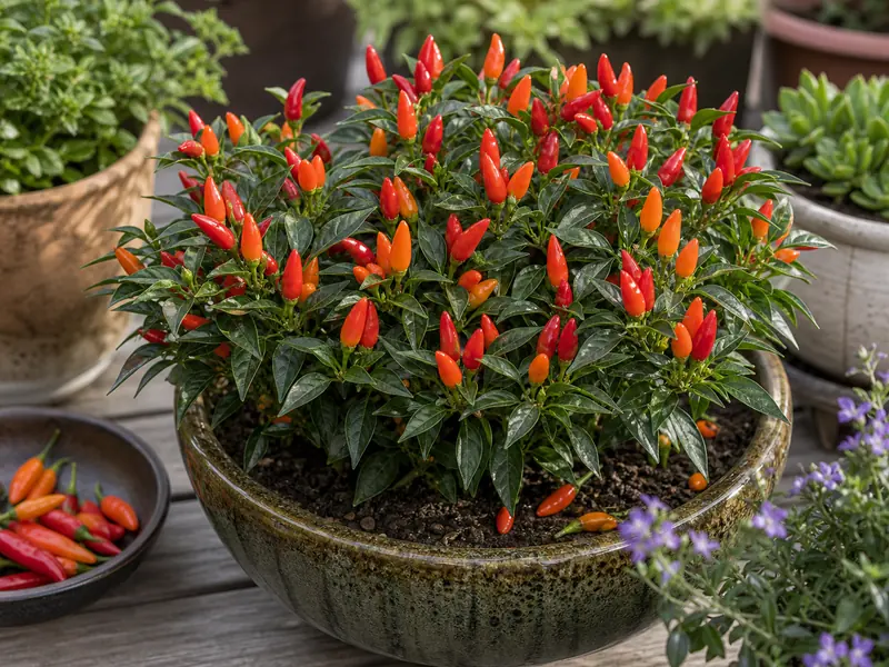 Prairie Fire pepper plant with small upright pods