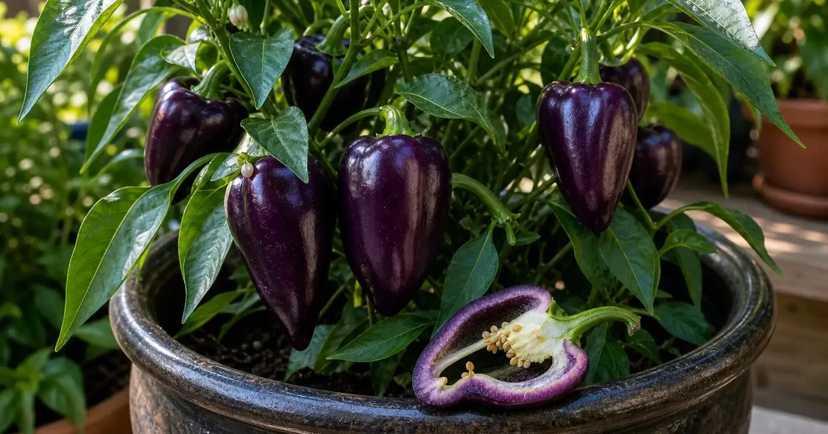 Pretty in Purple pepper plant with glossy purple pods and one sliced pepper